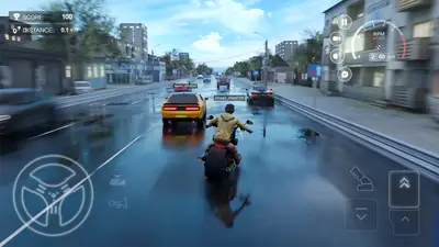 A rider threading a motorcycle through wet city traffic in Traffic Racer Open World alongside other players