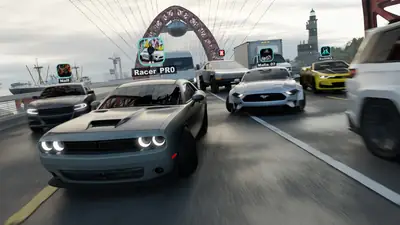 Real Traffic Racer Open World screenshot: a pack of cars crossing the harbour bridge at speed