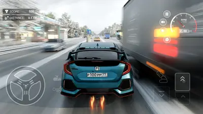 A blue hatchback squeezing past a truck in a close highway overtake in Traffic Racer Open World