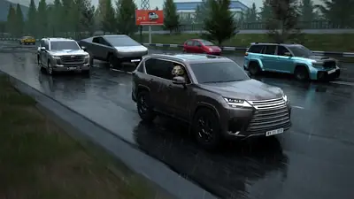 SUVs driving through heavy rain on a tree-lined highway in Traffic Racer Open World